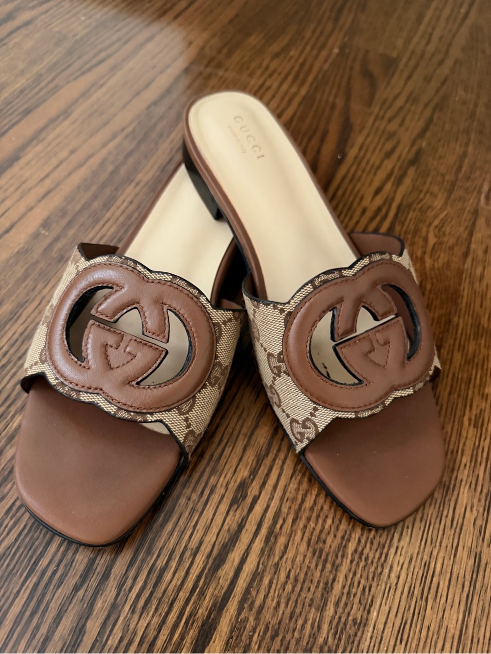 Gucci Brown GG Canvas Leather Logo Slide Mules